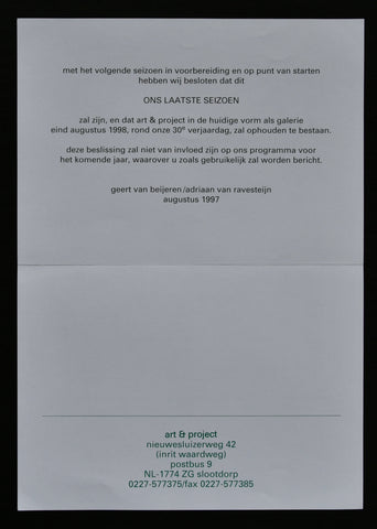 Art & Project # ONS LAATSE SEIZOEN # end announcement, 1998, mint