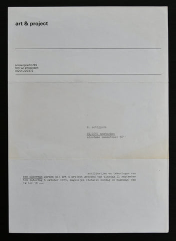 Art & Project # BEN AKKERMAN # invitation, 1979 , nm+