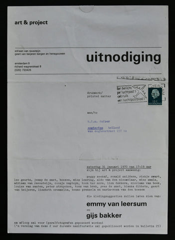 Art & Project , invitation # EMMY VAN LEERSUM en GIJS BAKKER # 1970, nm+