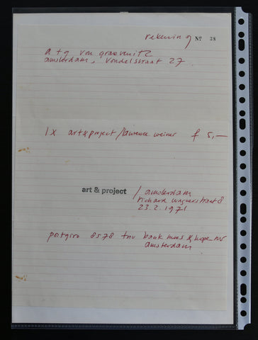Art & Project , Lawrence Weiner# HANDWRITTEN INVOICE BY VAN BEIJEREN # 1971, mint