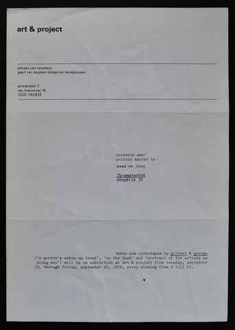 Art & Project # GILBERT & GEORGE , invitation Videotapes, 1972, mint--