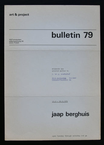 Art & Project # JAAP BERGHUIS, Bulletin 79 # 1974, nm+++/mint--