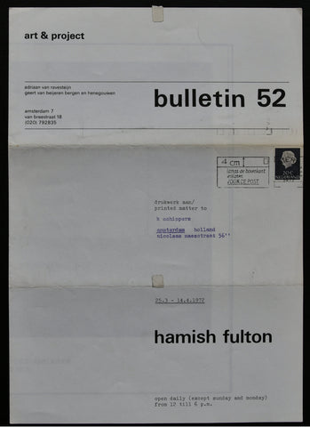 Art & Project # HAMISH FULTON, Bulletin 52 # 1972, nm+++