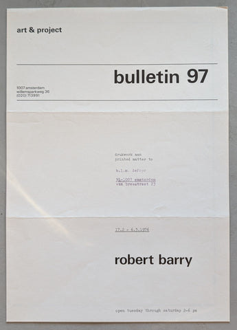 Art & Project # ROBERT BARRY, Bulletin 97 # 1976, mint-