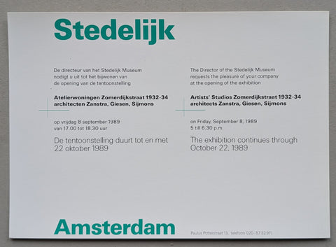 Stedelijk MUseum, Crouwel # ZOMERDIJKSTRAAT 1932-34 # invitation, 1989, Mint