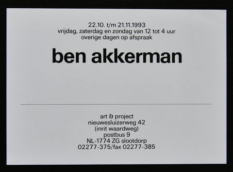 Art & Project # BEN AKKERMAN, invitation # 1993, mint