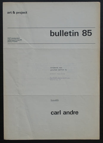Art & Project # CARL ANDRE, Bulletin 85 # 1975, nm++