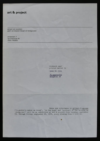Art & Project # GILBERT & GEORGE , invitation Videotapes, 1972, mint--