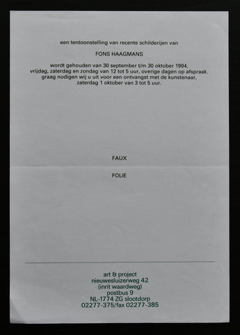 Art & Project # FONS HAAGMANS, invitation #  1994, mint