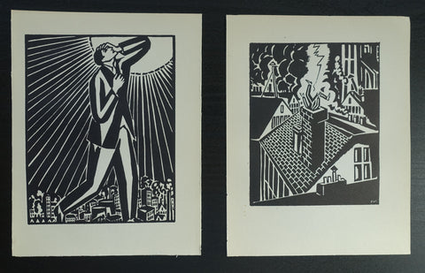 Frans Masereel, original woodblcok prints # SET of 2 from DIE SONNE # 1927, mint-