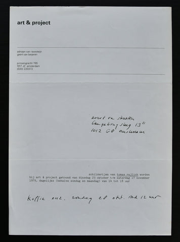 Art & Project # TOMAS RAJLICH , invitation handwritten by van Beijeren # 1979, nm++