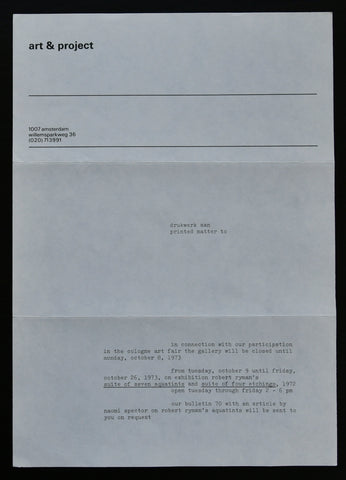 Art & Project # Robert Ryman and Cologne Art fair # announcement, 1973, nm++