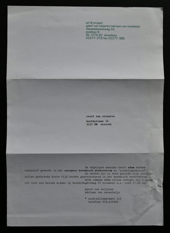 Art & Project # PERSONAL ADDRESSED letter to van Straaten for ADAM COLTON #