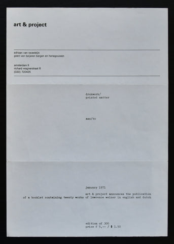 Art & Project # LAWRENCE WEINER # announcement, 1971, mint--